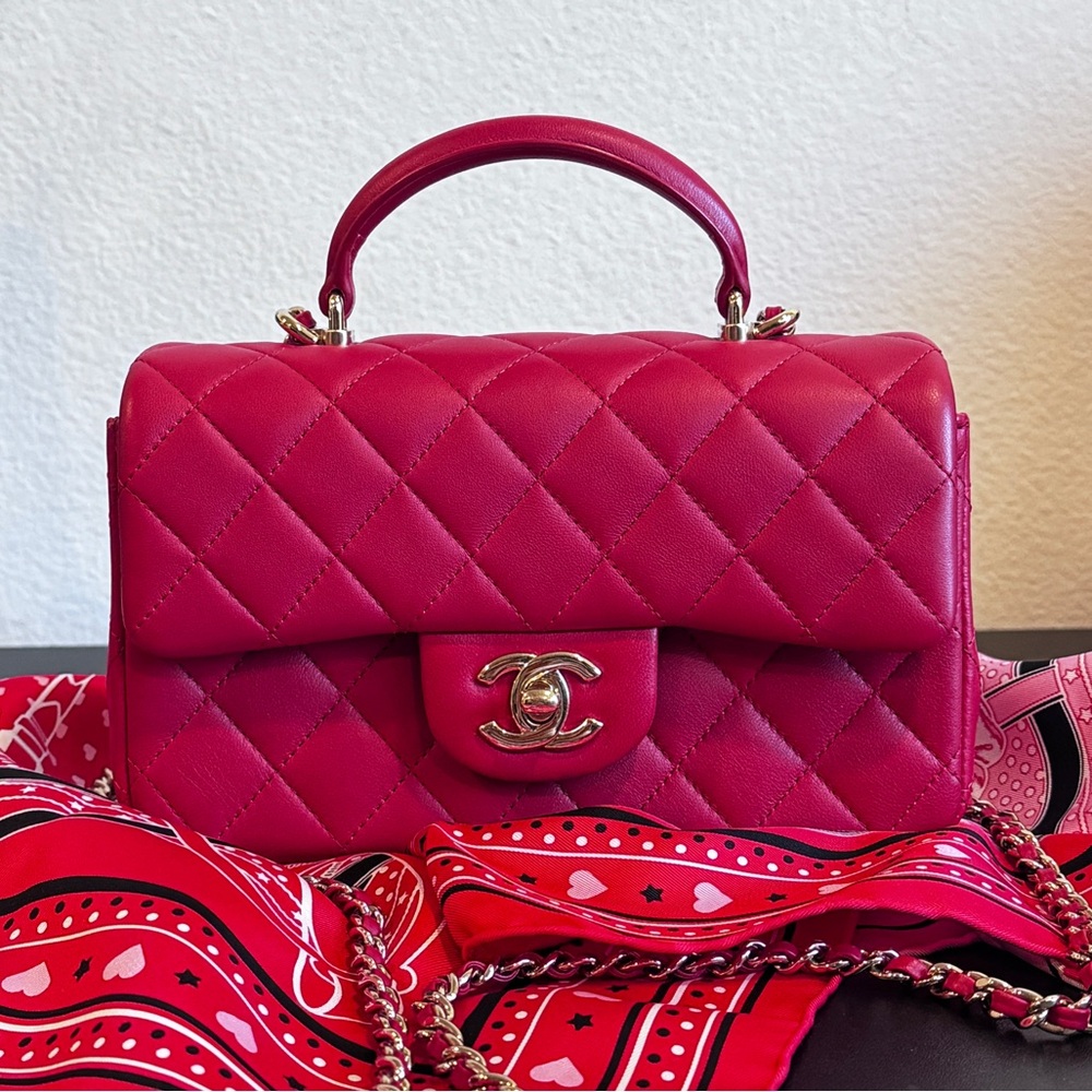 ❤️CHANEL❤️Mini Rectangular Top Handle Red Lambskin Flap Bag LGHW - Picture 14 of 14